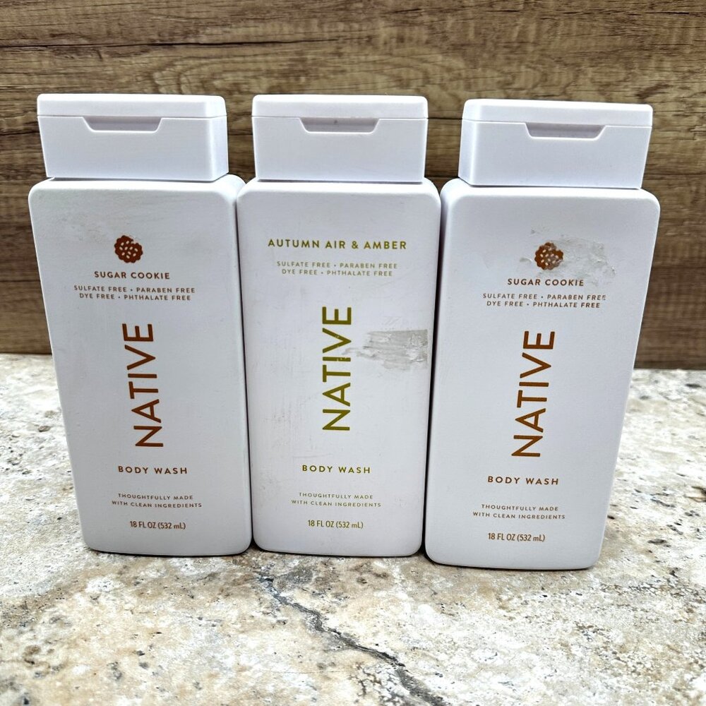 Lot Of 3 Native Body Wash Sugar Cookie & Autumn Air Amber 18oz Sulfate Free